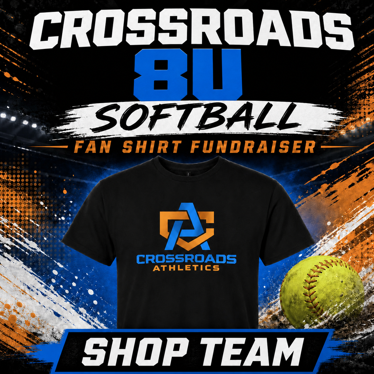 8U Crossroads Softball Fan Shirt Fundraiser in blue and orange